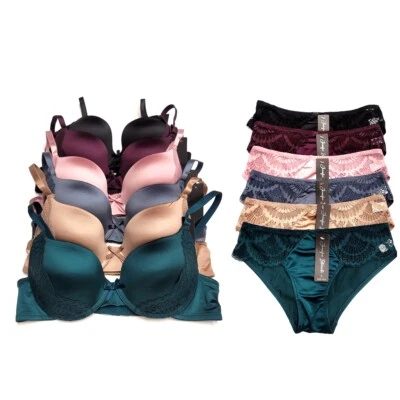 Lady Shiny Satin Lace Gentle Push up Bra & Bikini Panty Set Sexy Lingerie 32-40 - Image 1 of 4