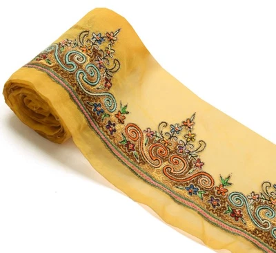 Sushila Vintage Yellow Georgette Saree Border Craft Sewing Trim Embroidered Lace - Image 1 of 4