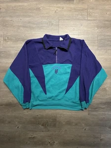 Vintage 90s IOU World Class Classic Fleece Sweatshirt Men’s Sz L Purple Aqua - Picture 1 of 7