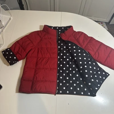 433.  Reversible Puffer Jacket Coat Red/ Black White Polka Dots Sz S 3/4 Sleeve - Image 1 of 4