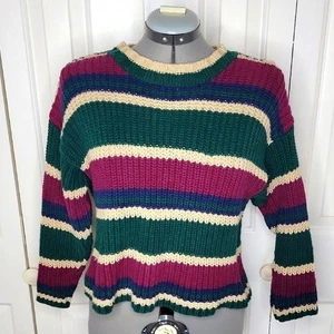 Limited Too Chunky Crewneck Sweater Girls Size 8 Purple, Cream, Green Striped - Picture 1 of 6