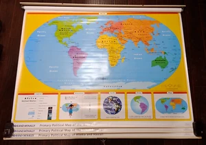 Vintage Rand McNally Pull Down 3 Maps Primary Political World USA AK/HI 58"x72" - Picture 1 of 13