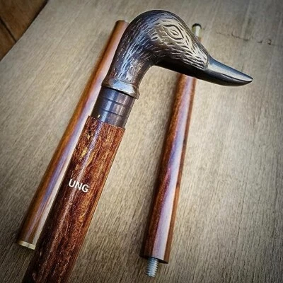 Vintage Wooden Walking Stick Handmade Carved Cane Men Women Duck Brass Handle - Image 1 of 4