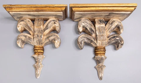 Pair of Vintage Italian Distressed White & Gold Gilt Wood Wall Brackets Shelves Cover