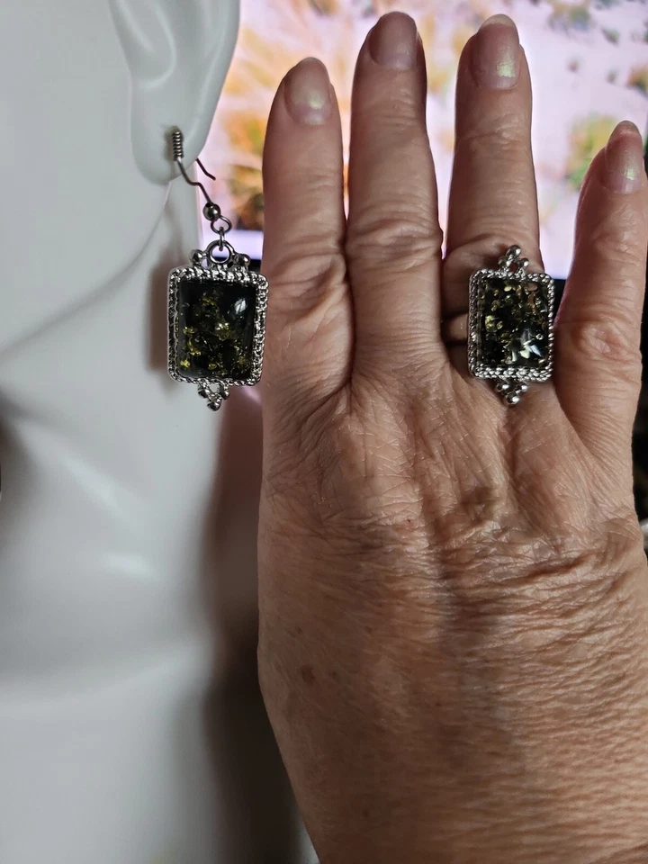  Silver Plated Amber Ring Size 8 & Leverback Earrings 2pc Set NWOT  - Image 1 of 4