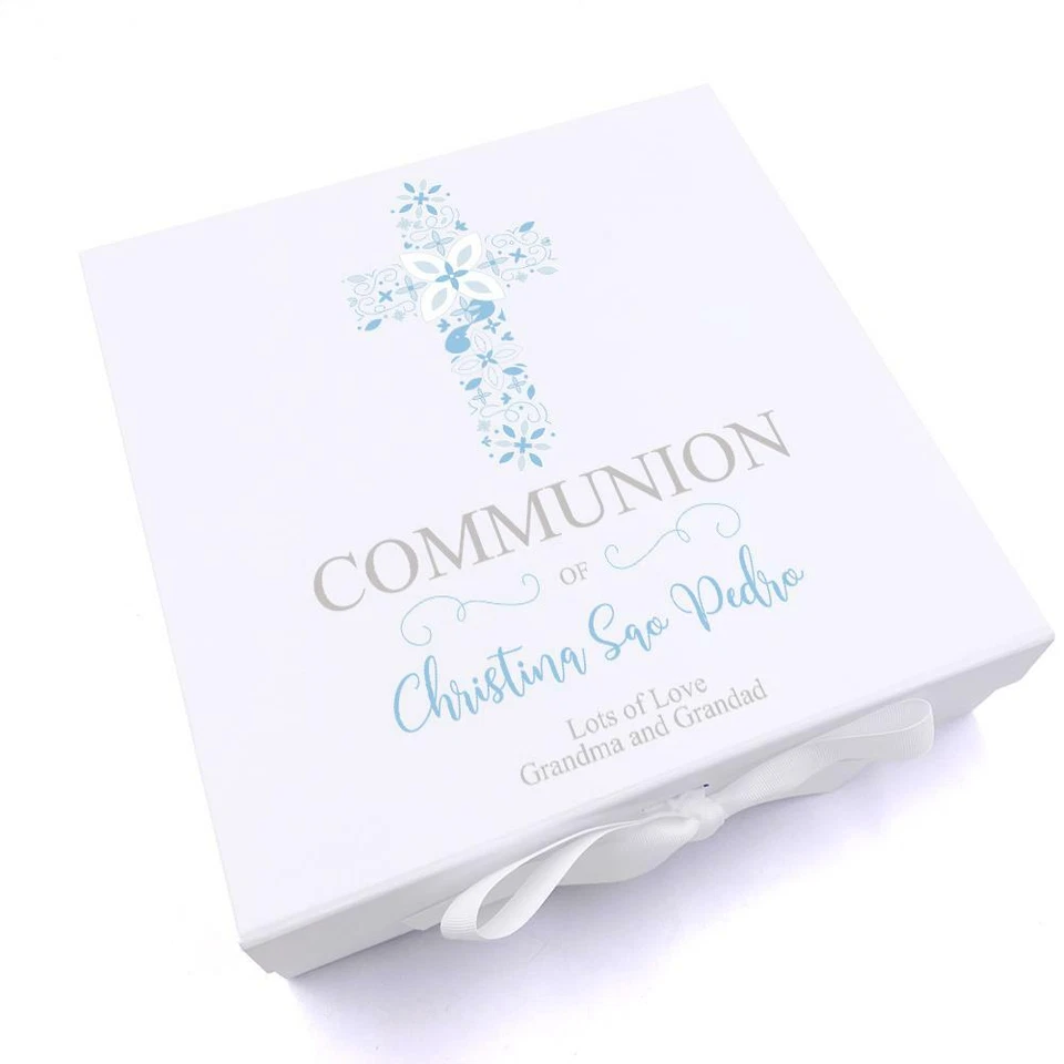 Caixa de memória personalizada comunhão azul ornamentada design cruz lembrança UV-325 - Imagem 1 de 1