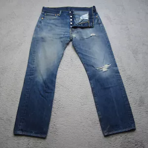 Jeans Vintage Levis 501 Uomo 34x29 Stone Wash Sbiadito Wiskered Denim Distress - Foto 1 di 14