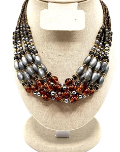 Multi Layered Amber Brown Colored Acrylic Bead Statement Necklace Made in Italy - Picture 1 of 14