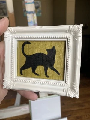 Divertido gato negro, pintura original sobre papel, 3/4, enmarcado, miniatura, pequeño, mini Foto 1 de 4