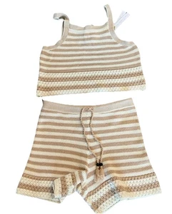 House of Harlow 2 Piece Set Women White Beige Stripe Crop Tank Shorts NWT Med - Picture 1 of 9