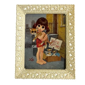 Vtg Big Eyes Girl W Kitten Cat Lee Art Litho Print Music Mod 60s MCM Framed Sign - Picture 1 of 10