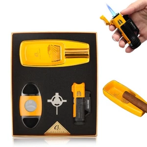 Galiner Jet Flame Cigar Torch Lighter Punch Needle Holder Ashtray Cutter Yellow - Picture 1 of 12