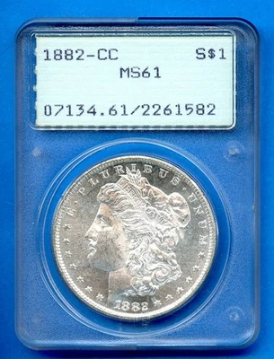 1882 CC PCGS 评级 MS61 摩根银币 1 美元美国铸币厂硬币稀有响尾手外观 PL! — 第 1/3 张图片