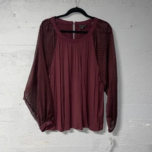 Zac & Rachel Woman 2X Pullover Knit Blouse Sheer Polka Dot Sleeves Maroon/Black - Afbeelding 1 van 14