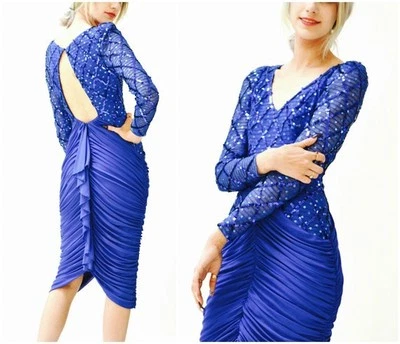 New Leaf Dress By Samar Size 9/10. Rare Blue Sequins, Vintage  Body Con Ruche FL - Image 1 of 4