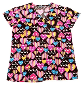 Womens Microfiber Medical Scrub Printed Tops black base colorful hearts 1X - Picture 1 of 2