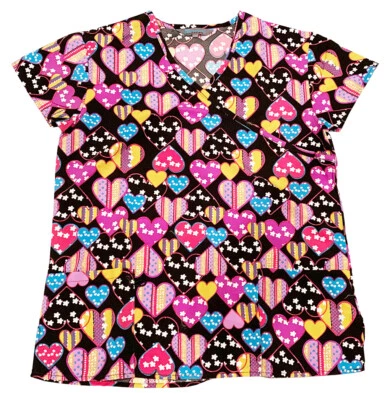 Womens Microfiber Medical Scrub Printed Tops black base colorful hearts 1X - Image 1 of 2