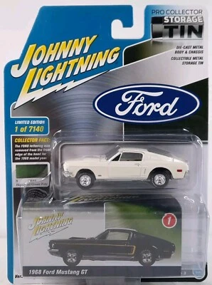 Johnny Lightning ERROR 1968 Ford Mustang GT White w highland green poly card Tin - Image 1 of 4