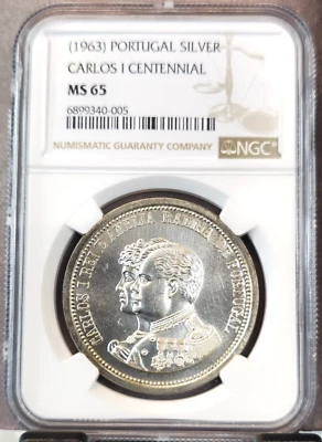 1963 PORTUGAL SILVER CARLOS I CENTENNIAL NGC MS 65 EXTREMELY RARE TOP POP 1 - Image 1 of 3