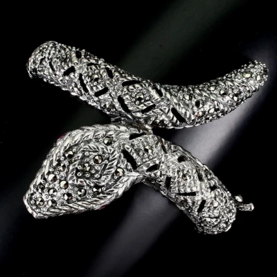 MARCASITE & RUBY COBRA BANGLE IN SOLID .925 STERLING SILVER, 14K WGP, 6.5 IN - Image 1 of 3