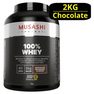 MUSASHI 100% Whey 2KG Protein Powder - Chocolate Milkshake P24g, C2g & F2g - Picture 1 of 3