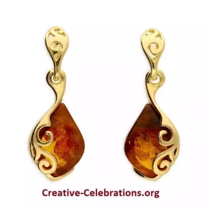 925 Sterling Silver 24ct Gold Plated Cognac Amber Teardrop with Fancy Swirls - Picture 1 of 1