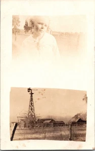 RPPC antica cartolina scena fattoria mulino a vento bambino KL1 - Foto 1 di 2