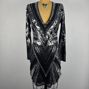 Express Schwarz Silber Pailletten Minikleid Damen Gr. M V-Ausschnitt Langarm Party " - Bild 1 von 10