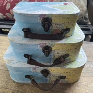 Decorative Storage Boxes Set of 3 - World Map Mini Suitcase Style Cardboard - Picture 1 of 5
