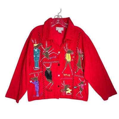 Chaqueta de Navidad LifeStyle Roja Pana Bordada Reno L Fiesta de Vacaciones Años 90 Foto 1 de 4