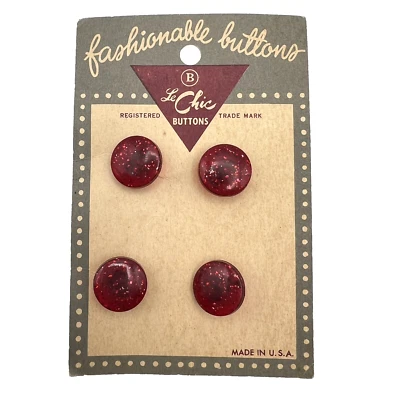 4 Vintage Red Confetti Glitter Lucite Round Buttons on Le Chic Card 5/8" - Image 1 of 4