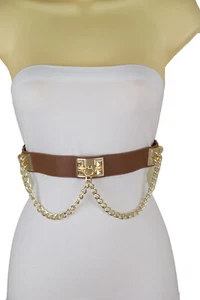 Women Brown Faux Leather Elastic Going Out Party Belt Gold Metal Chain Waves S M - Picture 1 of 15