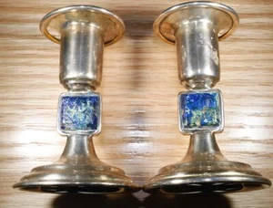 Vintage Los Castillos Plateado Silver Lapis Candlestick Set X644C - Picture 1 of 3