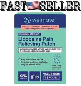 15-Pack WELMATE Lidocaine 4% Patches Maximum Strength Pain Relief, 3.93" x 5.51" - Picture 1 of 7
