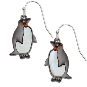 Emperor Penguin Hook Earrings Mother of Pearl Shell Silver Fashion Jewellery - Picture 1 of 3