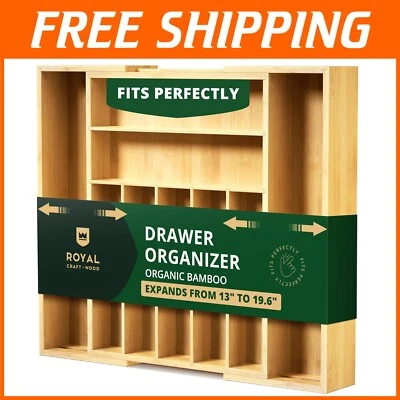 Luxury Expandable Bamboo Drawer Organizer - 9 Slot Silverware & Utensil Holder - Изображение 1 из 4