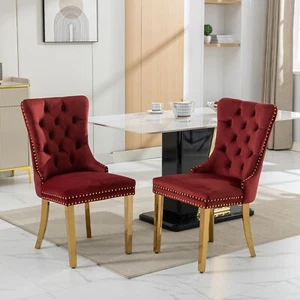 2 Set Dining Room Chairs Velevet Button Tufted Chairs Gold Stainless Steel Legs - Picture 1 of 9