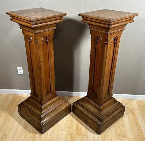 Pair 50" Antique French Gothic Revival Oak Wood Display Pedestals/Plant Stands Cover
