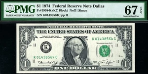 1974 $1 Dallas Federal Reserve Note • 1908-K • PMG 67 EPQ • KC Block TOP POP 4/0 - Picture 1 of 2