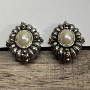 Vintage Silver Tone Faux Pearl Clip On Art Deco Earrings Fashion Jewelry KG JD - Picture 1 of 5