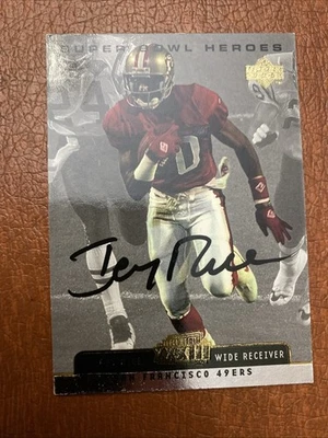 Tarjeta de héroes Jerry Rice Super Bowl XXXIII 1999 cubierta superior firmada imitación autografiada Foto 1 de 3