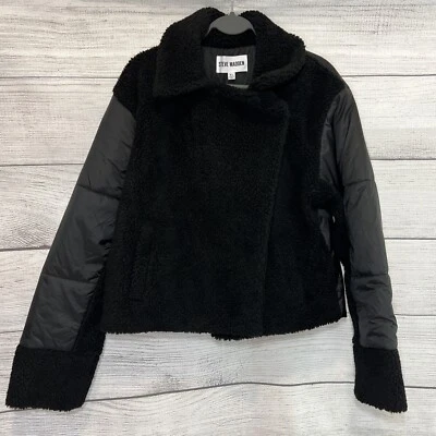 Chaqueta acolchada forrada Steve Madden para mujer frente abierto oso de peluche polar negra talla XL Foto 1 de 4