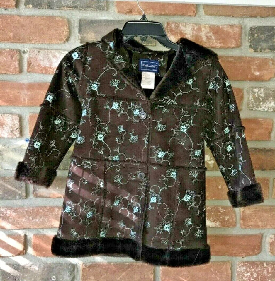 ROTHSCHILD WINTR COAT wHOOD GIRLS SZ 5/6 BROWN FAUX SUEDE & FUR EMBROIDERED EUC  - Image 1 of 4