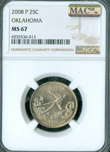 2008 P OKLAHOMA STATE QUARTER NGC MS67 BUSINESS STRIKE MAC SPOTLESS 2 FINER . - Picture 1 of 2