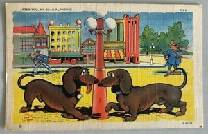 Curt Teich Lino Vintage Años 40 "After You, My Dear Alphonse", 2 Perros, Tío Sam - Imagen 1 de 2