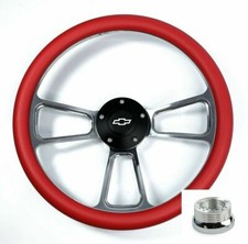 14" Polished Steering Wheel, Red Half Wrap, Bowtie Horn For 1969-1994 Chevy Cars
