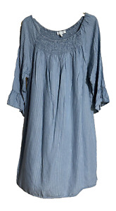 New Directions Shirt Dress  Women’s Size XL Blue Striped Chambray  Puff Sleeve