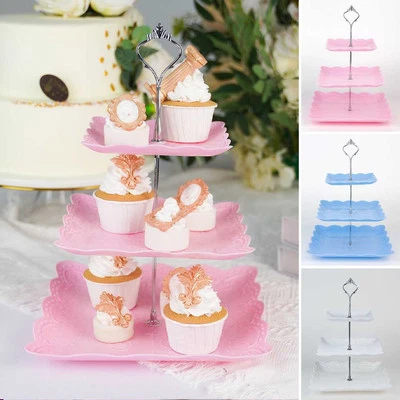 13" Square 3 Tier Plastic CUPCAKE HOLDER Floral Print Party Events Supplies - Image 1 of 4