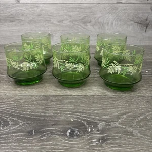 Vintage Libbey MCM Green Glass Drinking Glasses With Fern/leaf Design~ Set of 6 - Picture 1 of 10