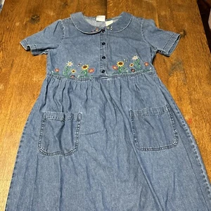 VTG Denim Maxi Dress S Pockets Women Button Front Embroidered Back Tie Modest - Picture 1 of 11